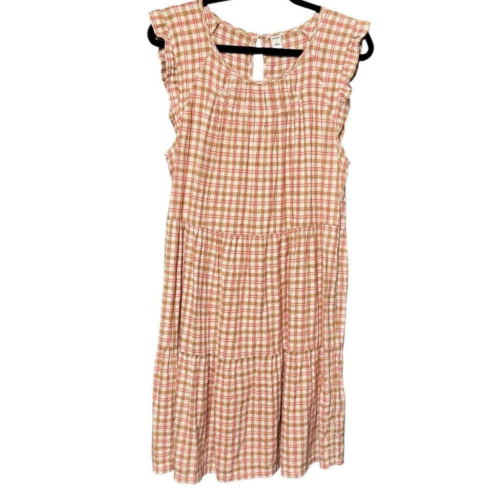 Old Navy Tiered Linen Blend Flutter Sleeve Swing Plaid Tiered Ruffle Dress - Picture 2 of 11